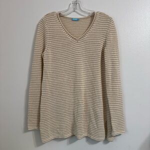 J. McLaughlin Beige Cotton Blend Striped Long Sleeve Top